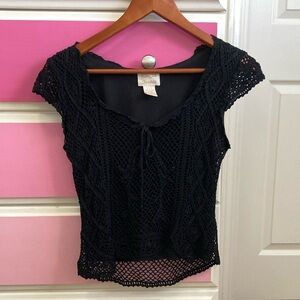 Vintage black lace cap sleeve top with bow tie accent